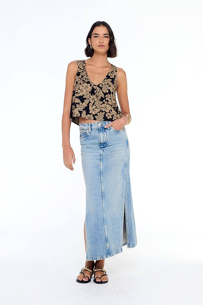 saia jeans longa fenda na lateral